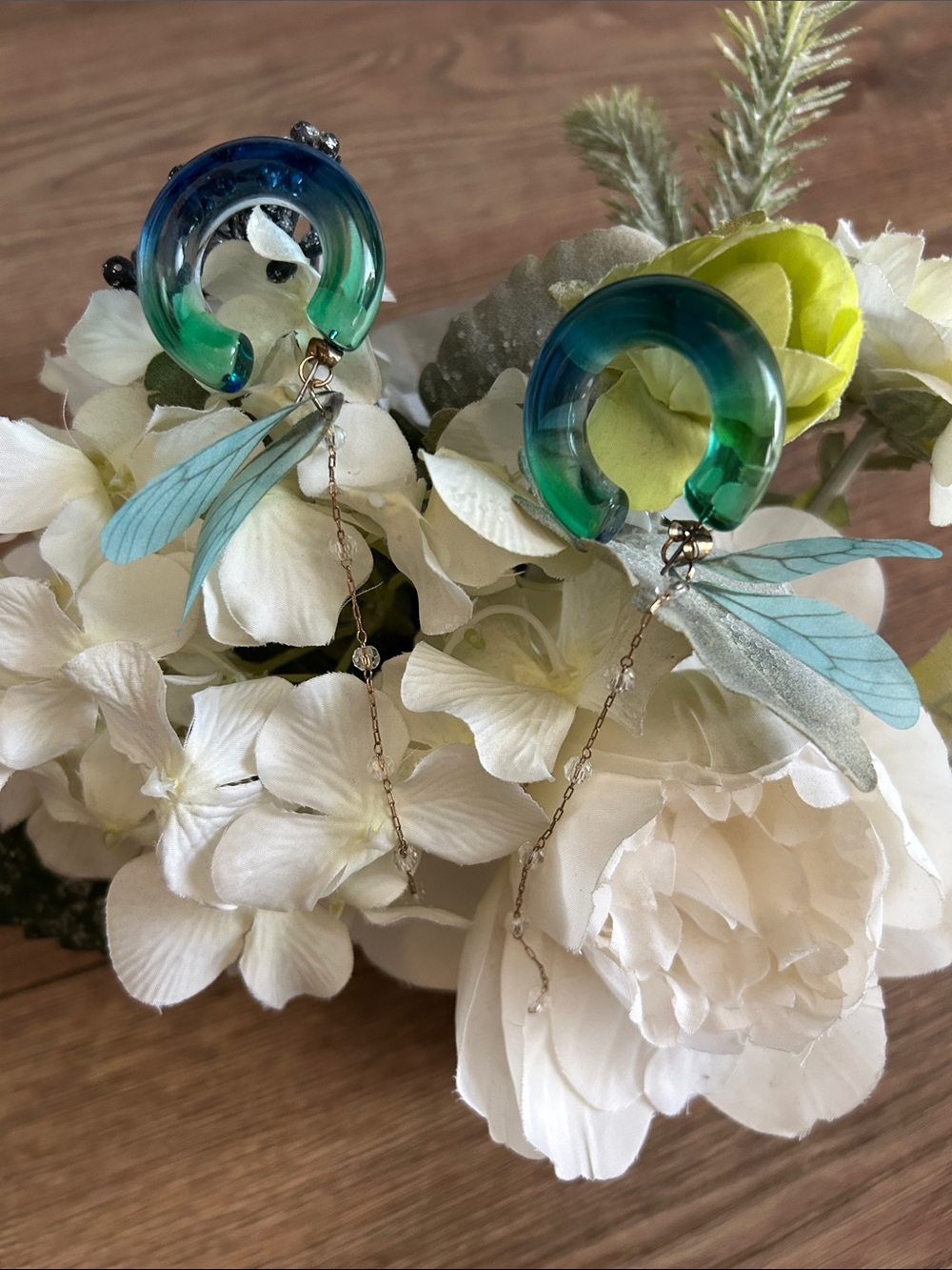 Green Blue Hoop Earrings with Delicate Wing Charms